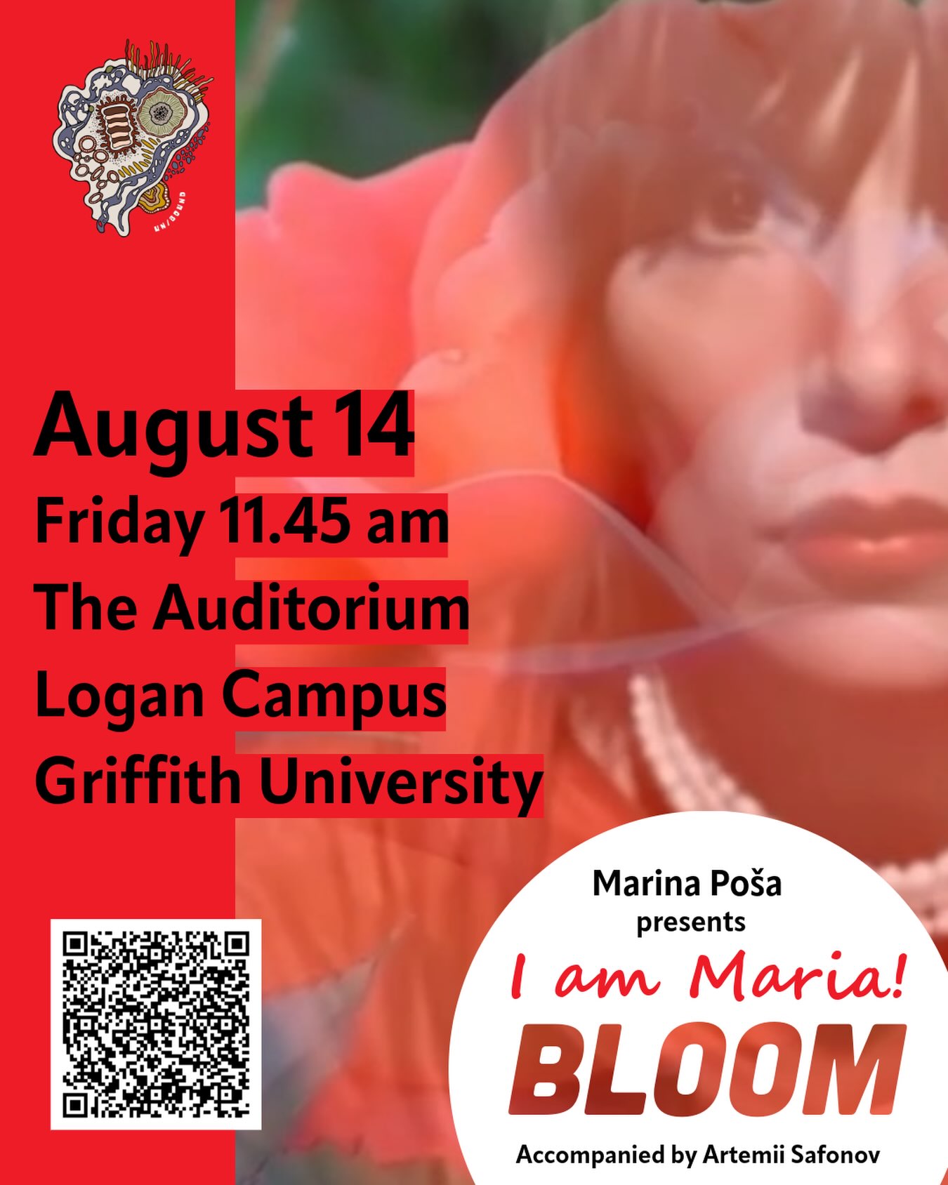 I just couldn’t resist, here’s new artwork for I am Maria! Bloom, featuring Valeria’s @valeria_pazosf beautiful image and the symbolic rose that has become part of the visual language of this performance.

Please note the updated performance time of 11.45 am.

I’m looking  forward  to sharing this journey with you all at UN/BOUND 🌹@creativeartsresearchinstitute @qldcon @griffithuniversity #electronica #voice #memory #transformatiom #performance